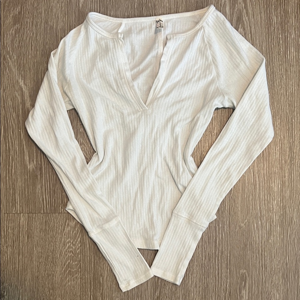 Free People Cream Ribbed Long Sleeve Top